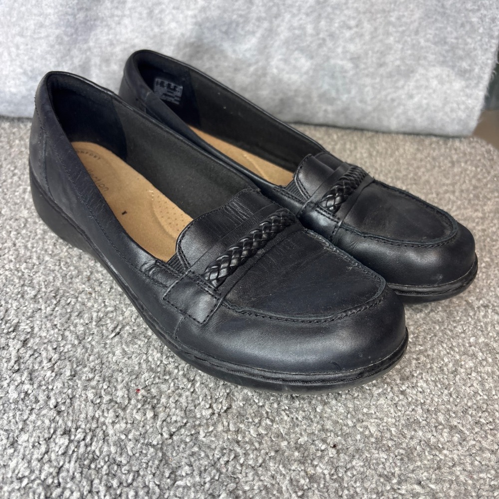 Clarks Loafers Womens 9.5 Black Leather Braided Ultimate Comfort Shoes office - Picture 1 of 11